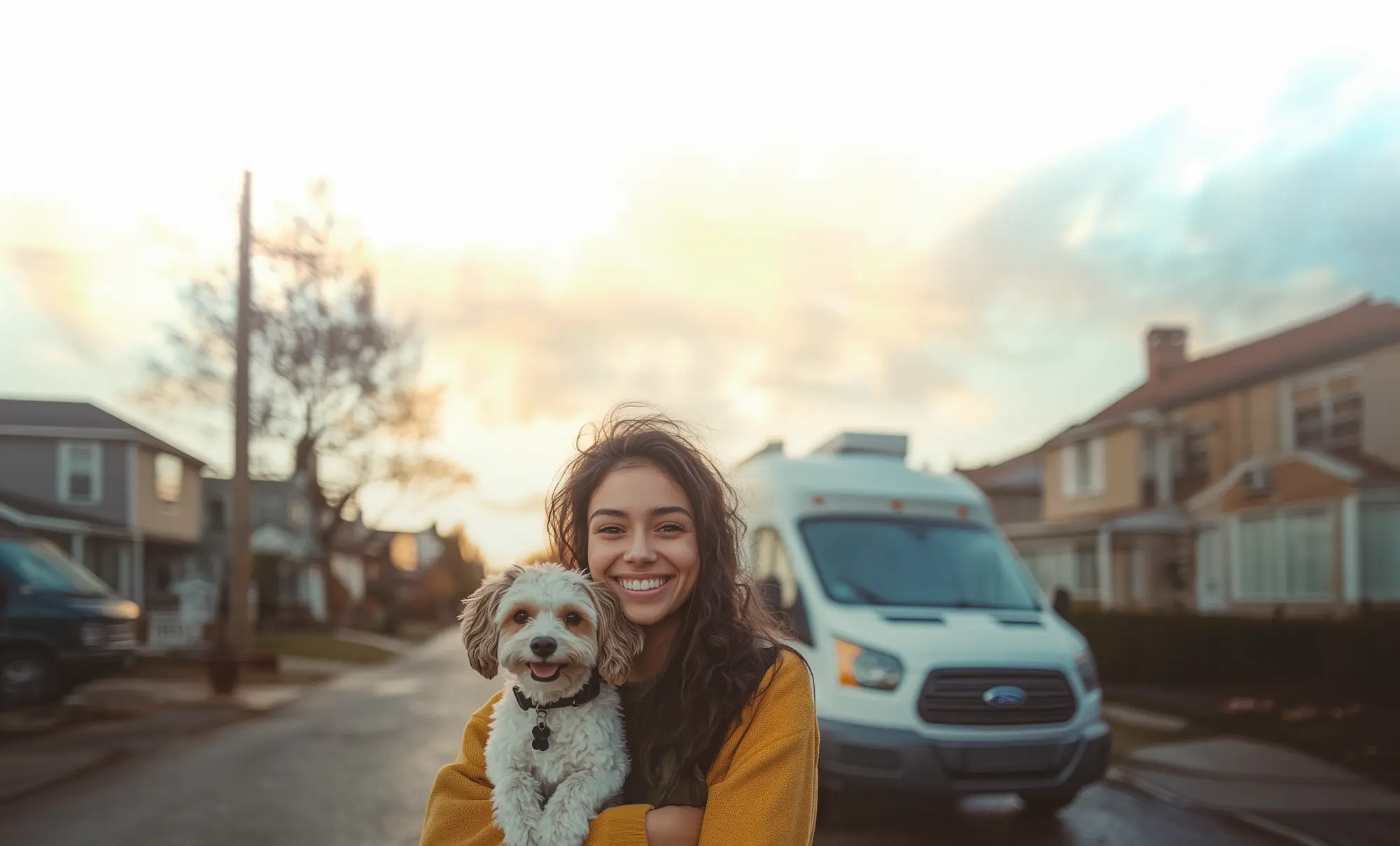 happy owner with dog in front of grooming van