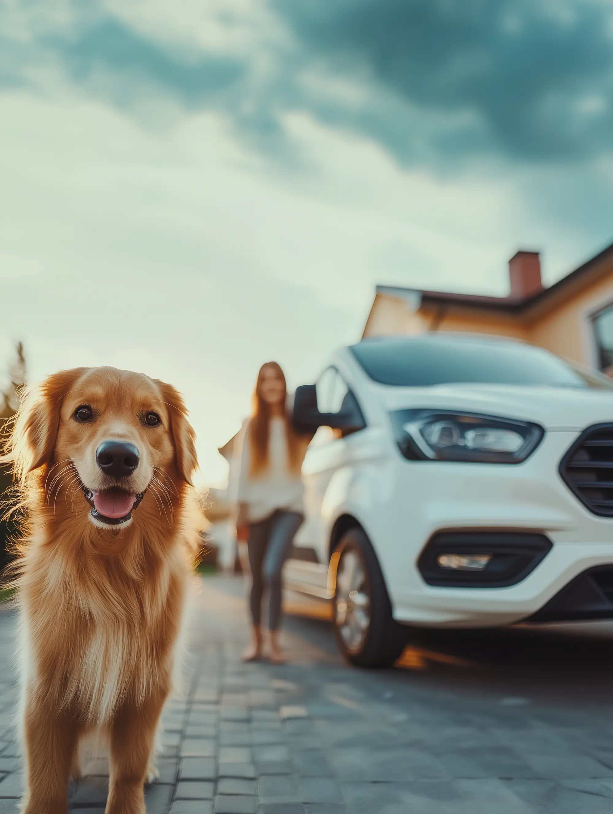 dog with owner by van