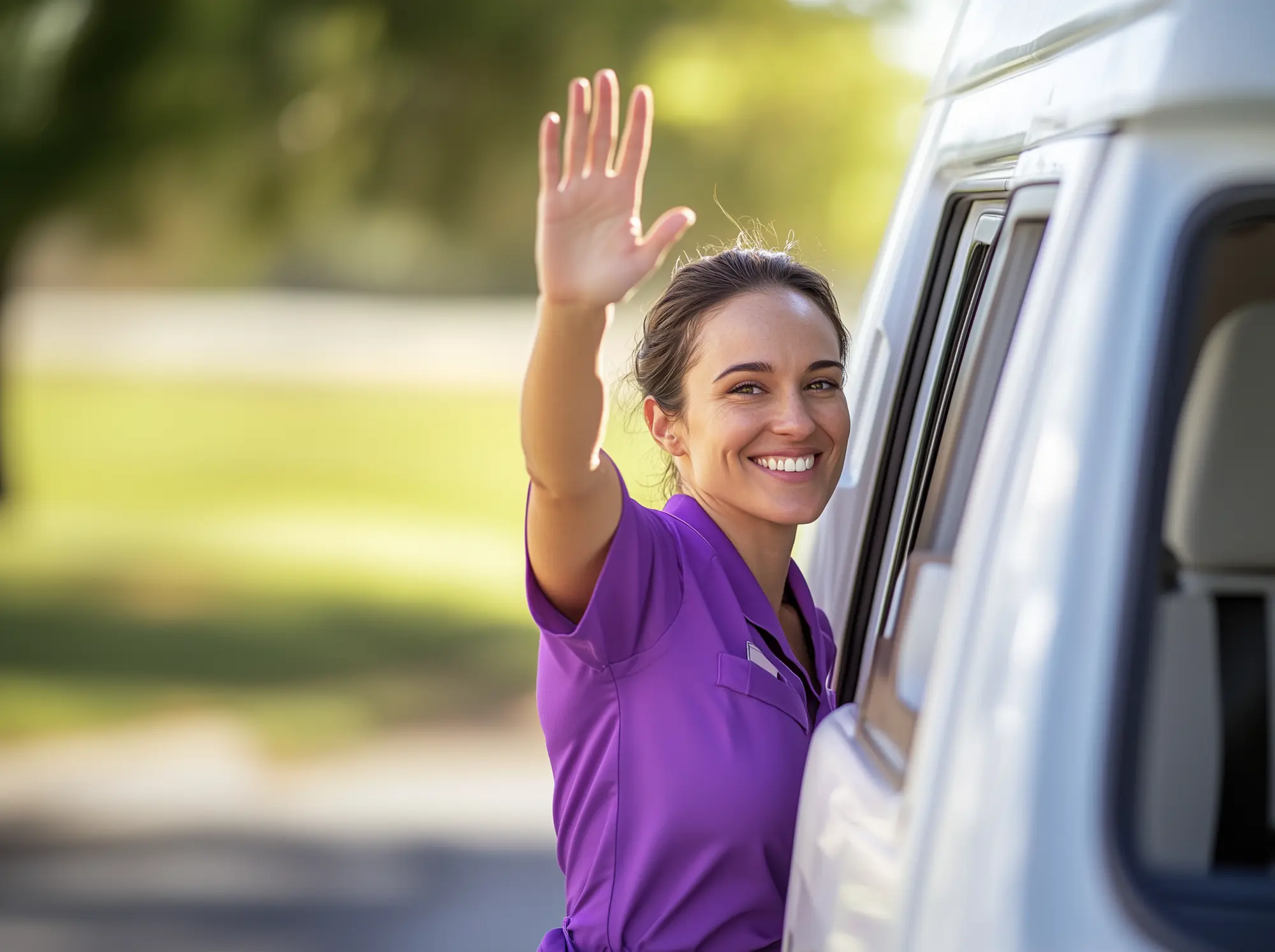 friendly staff waving from grooming van