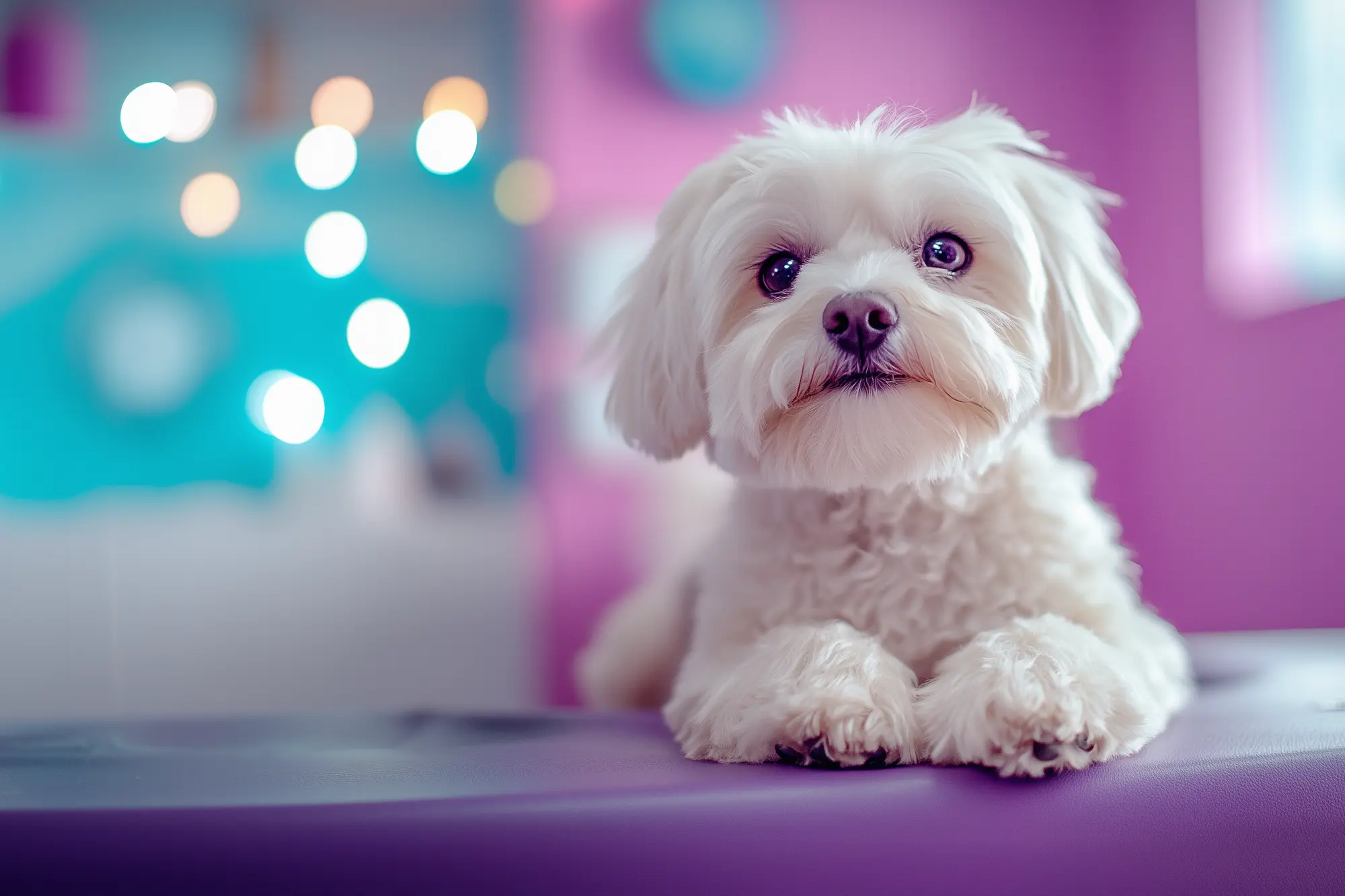 white dog on a purple pad