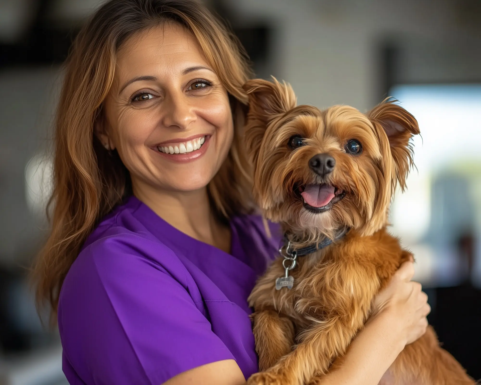 smiling woman with happy, well-groomed dog