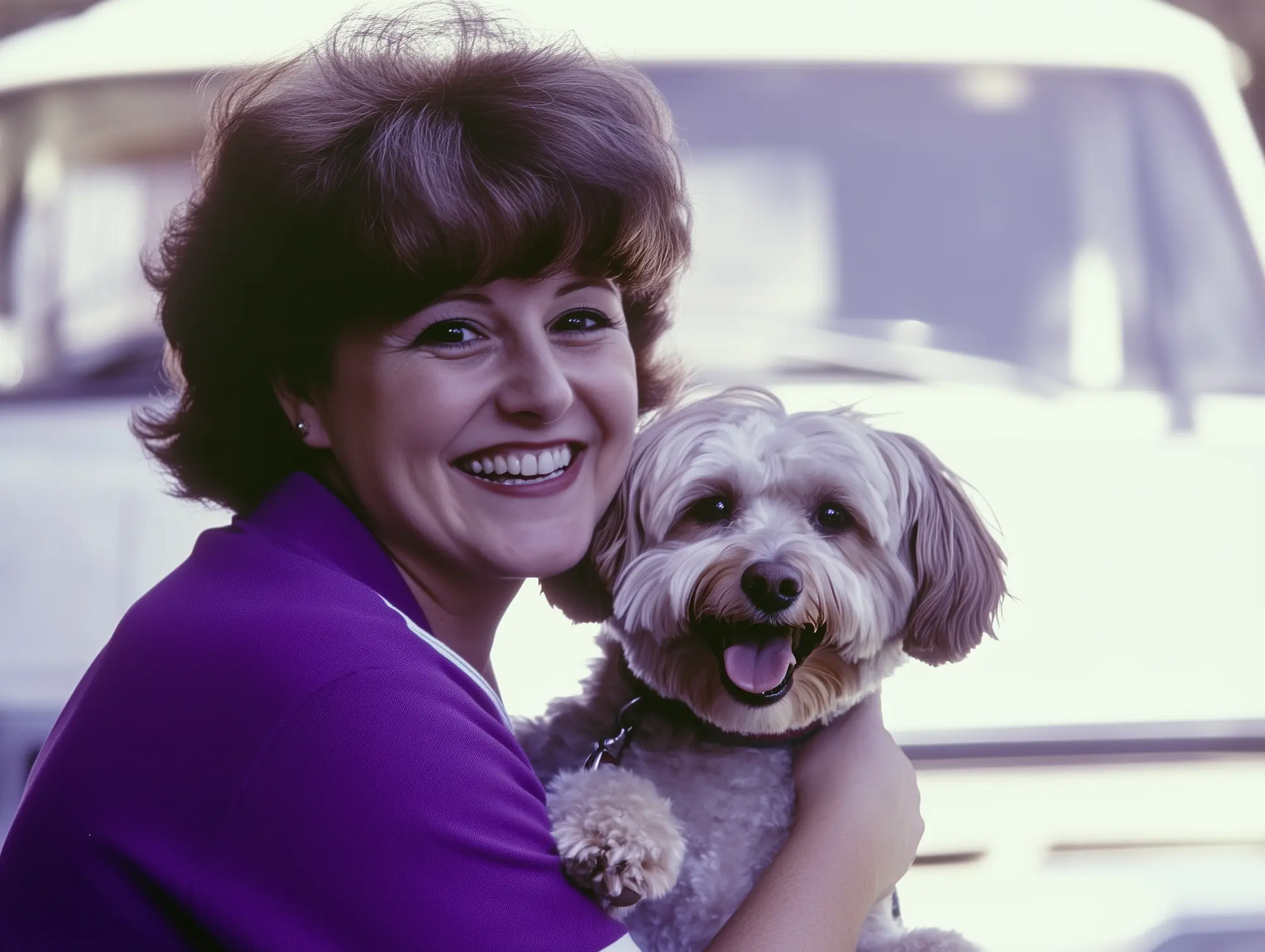 smiling woman with happy well-groomed dog